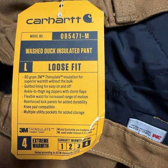 Carhartt Insulated Pants Mens XL Brown Washed Duck Loose Fit Workwear OB5471-M - Picture 6 of 7